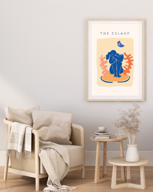 A poster of a Abstract blue figure sitting on island under moon