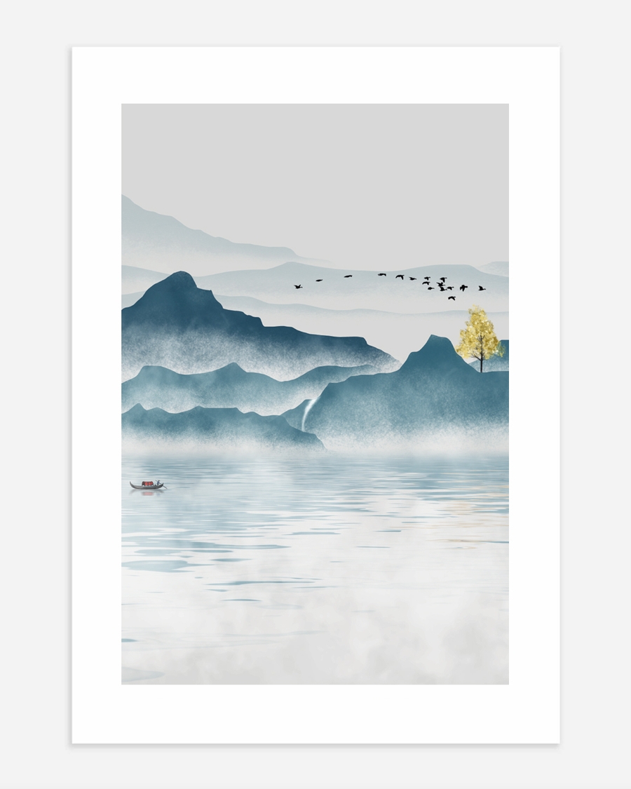 A poster of a Illustrated mountain lake with mist and flying birds