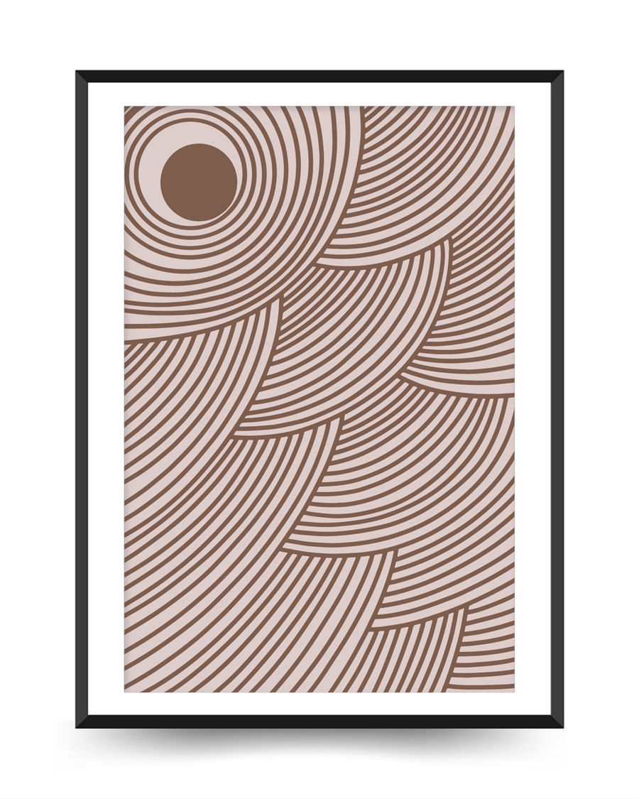 A poster of a Brown abstract curved lines forming circular patterns