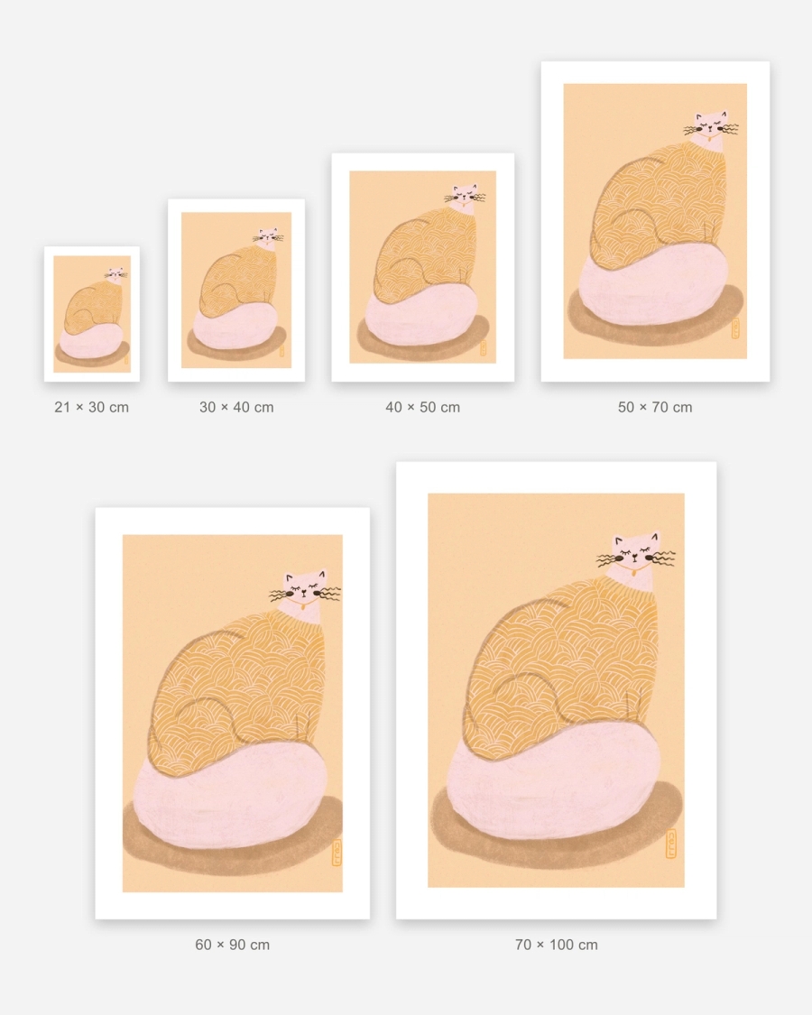 Mustard Knit Cat poster in 6 sizes, shown to scale: 21 × 30, 30 × 40, 40 × 50, 50 × 70, 60 × 90 and 70 × 100 cm