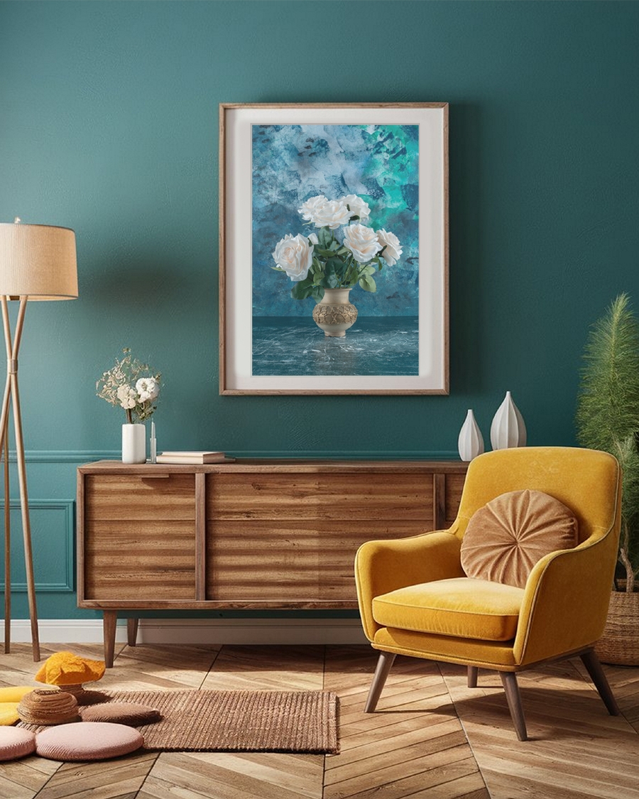 A poster of a White roses in ceramic vase with teal background