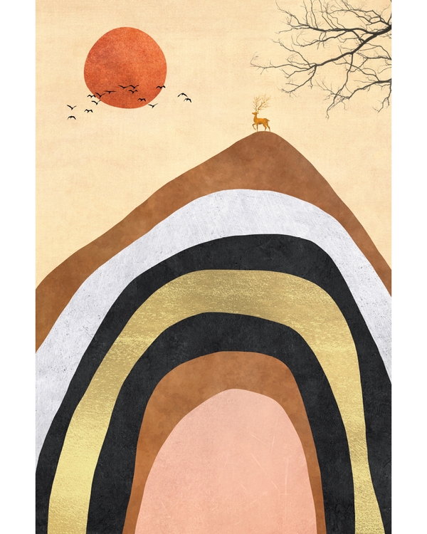 Japandi mountain layers with sun and deer