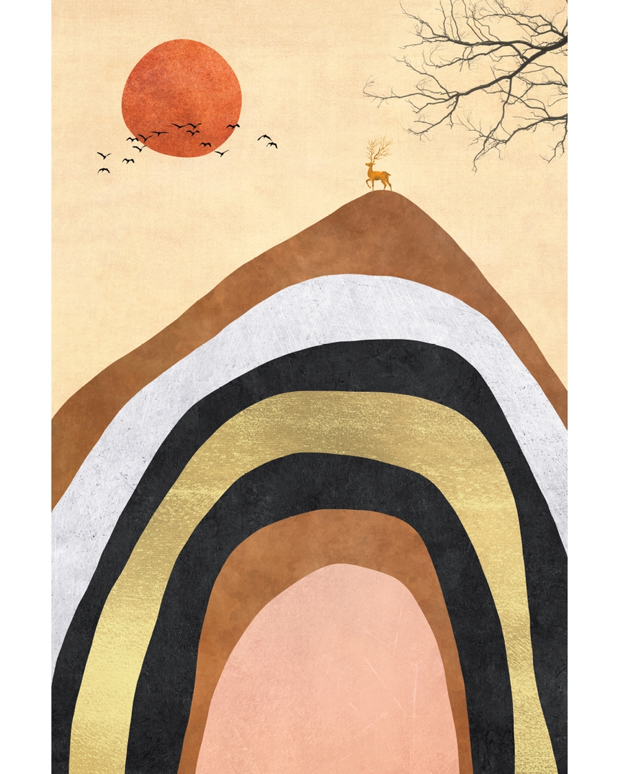 Japandi mountain layers with sun and deer