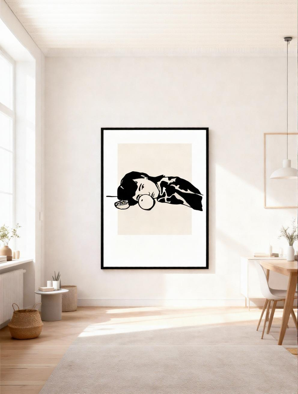A poster of a minimalist black-and-white art of person with citrus