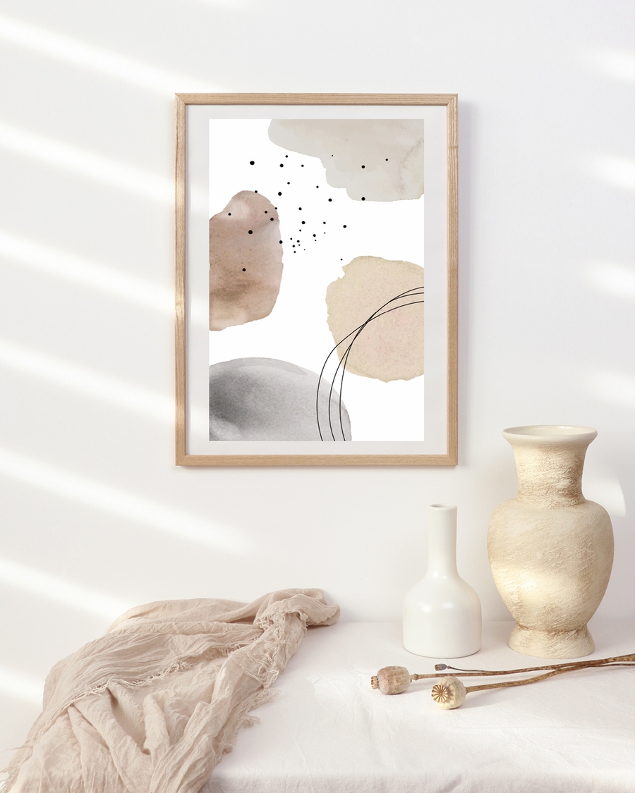 A poster of a Abstract watercolor shapes with black lines and dots