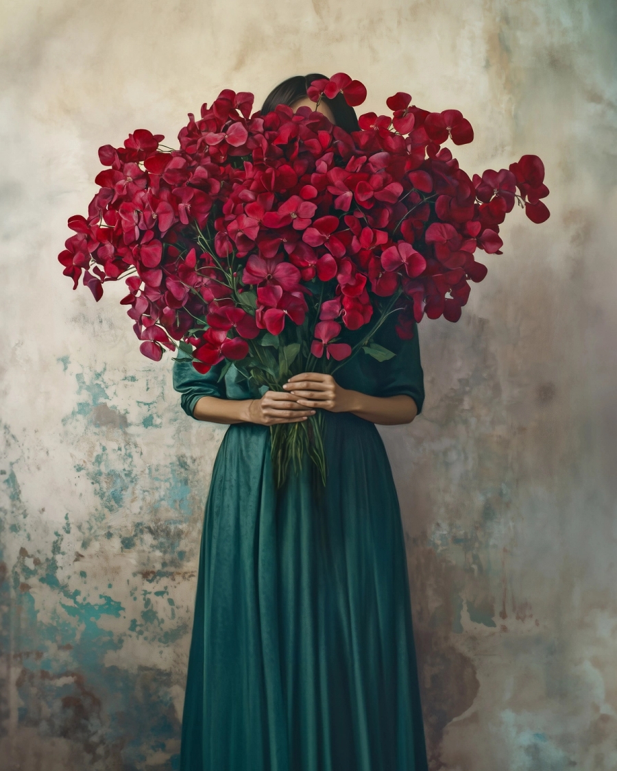 Painted woman in a deep green dress holding a large bouquet of crimson flowers that covers her face