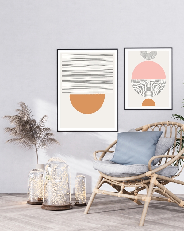 A postr of a abstract poster with ochre semicircle and horizontal lines.