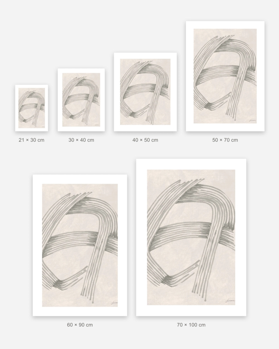 Combed Curves poster in 6 sizes, shown to scale: 21 × 30, 30 × 40, 40 × 50, 50 × 70, 60 × 90 and 70 × 100 cm