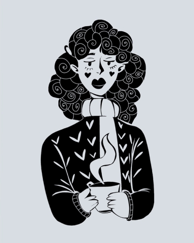 Stylized figure holding a steaming cup on gray background