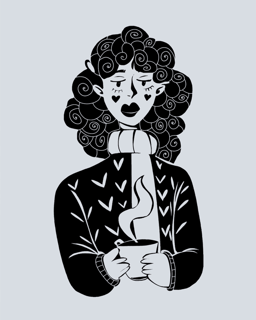 Stylized figure holding a steaming cup on gray background