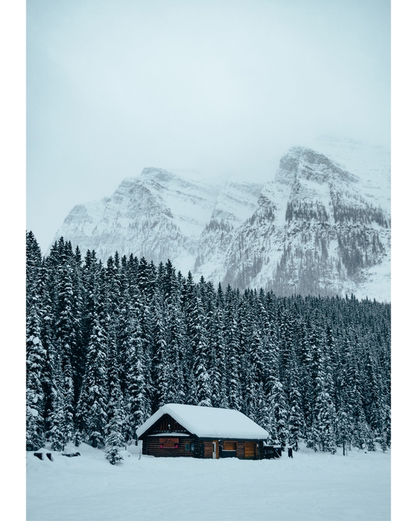 Snow-covered cabin surrounded by pine trees and mountains
