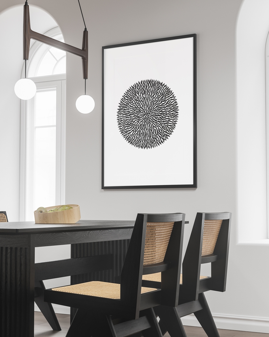 Poster of a dandelion-like lines in an office room