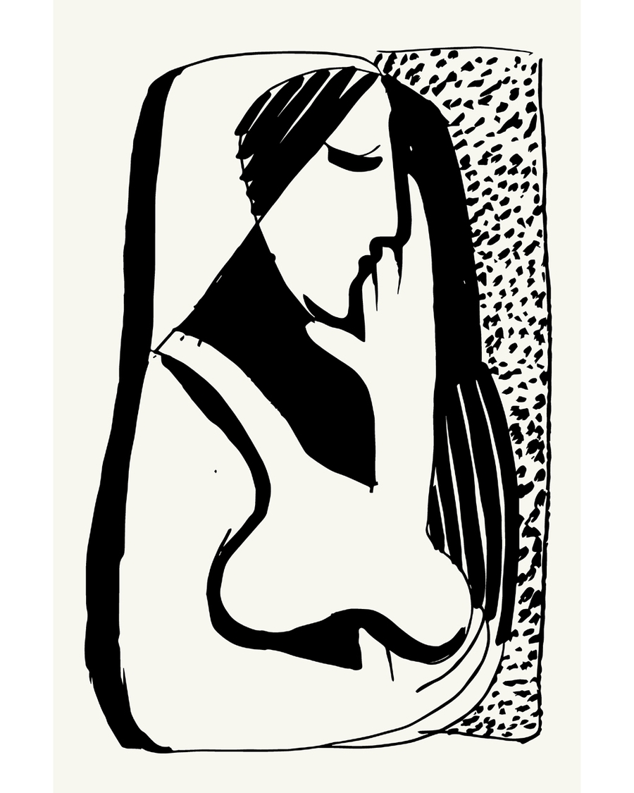 Abstract black line figure with textured frame on light background