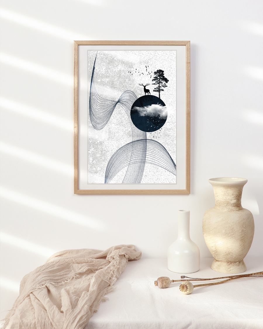 A poster of a Nordic Japandi artwork with flowing lines and nature