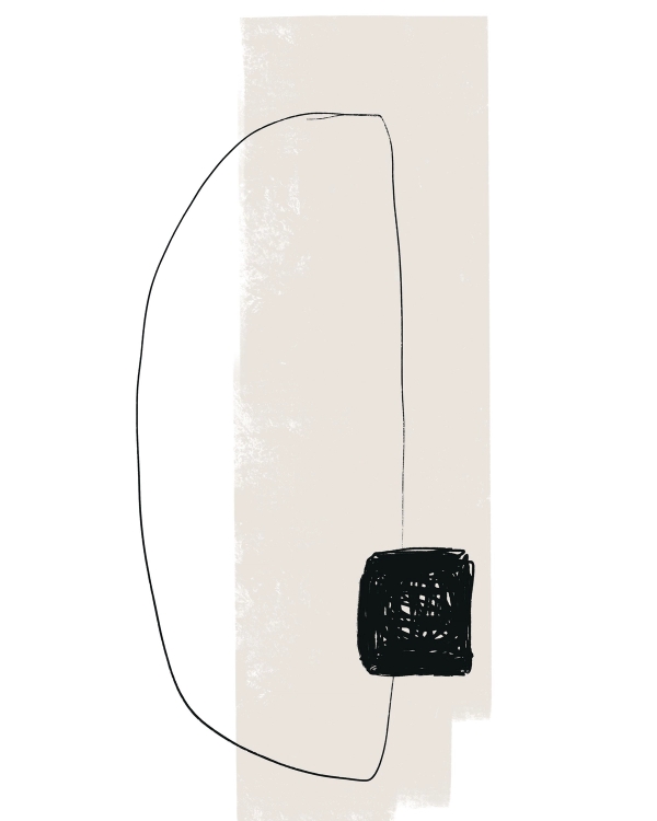 Minimalist abstract illustration with a looping black line, beige band and dense scribbled black square