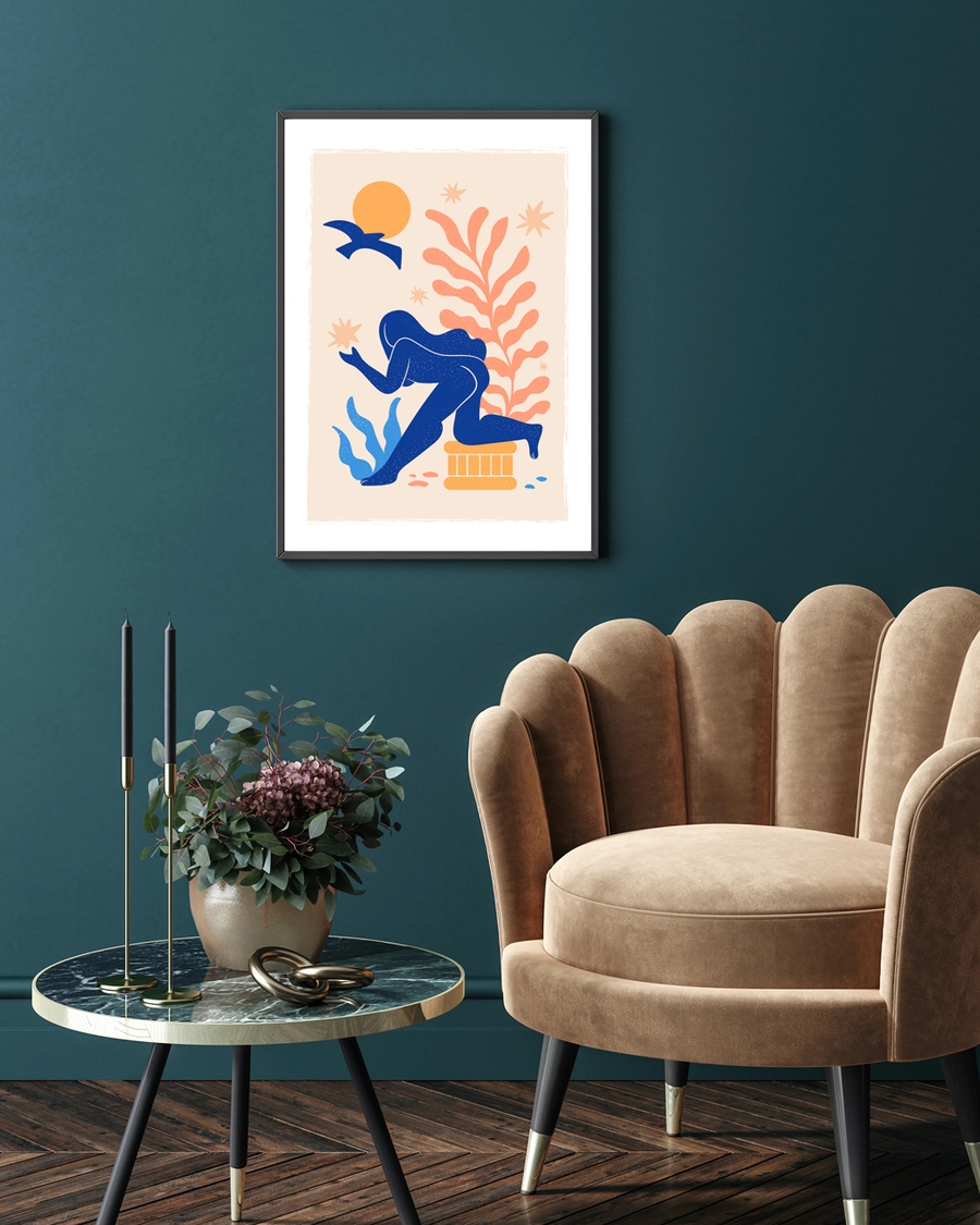 A framed poster of a styled woman with a glowing sun and shaped on a light green background