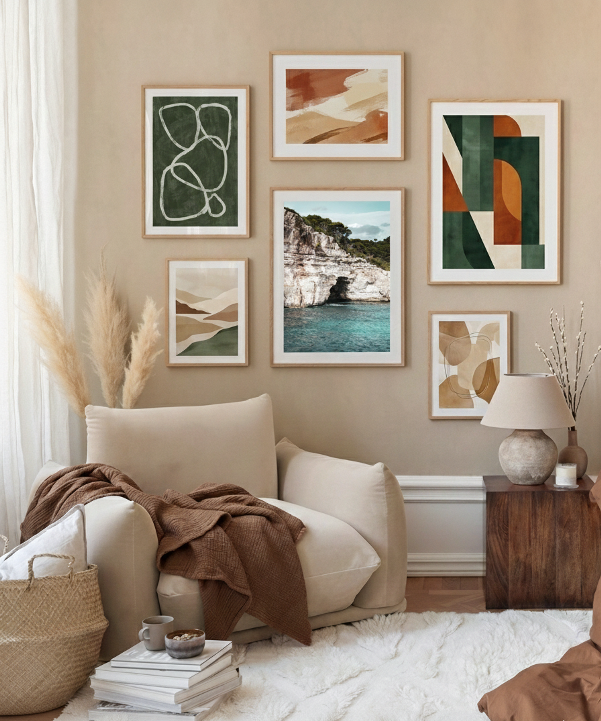 A gallery of framed posters of abstract green shapes hanged in the living room