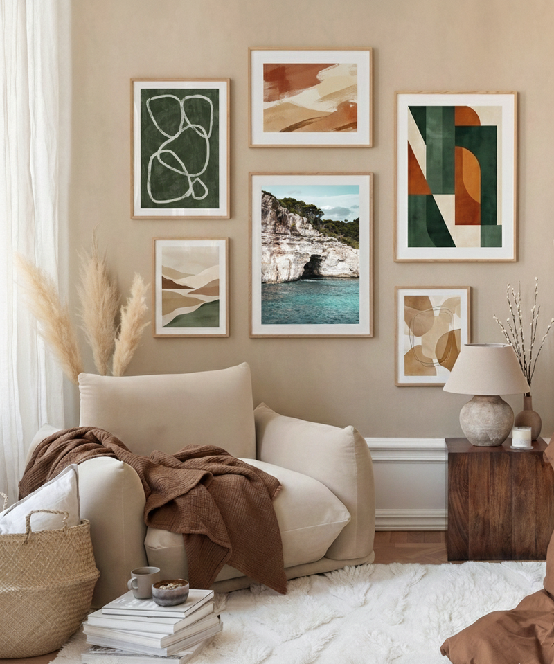 A gallery of framed posters of abstract green shapes hanged in the living room