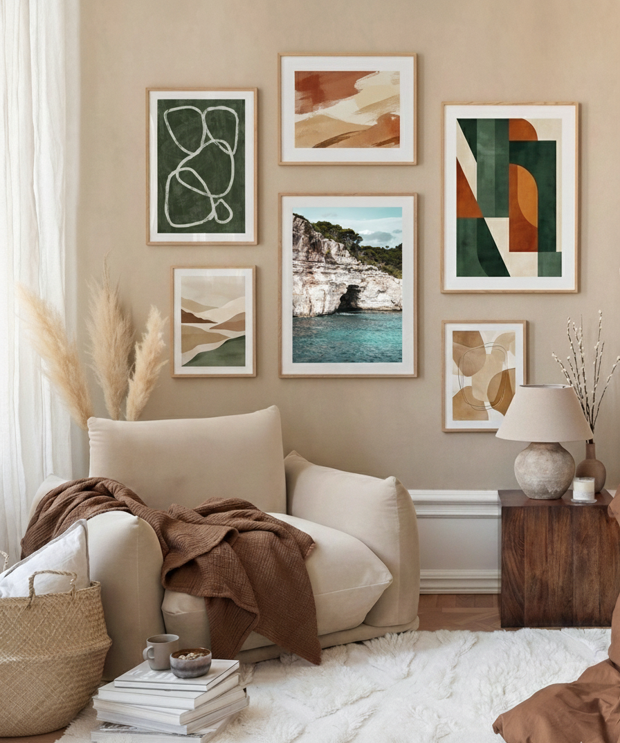 A gallery of framed posters of abstract green shapes hanged in the living room