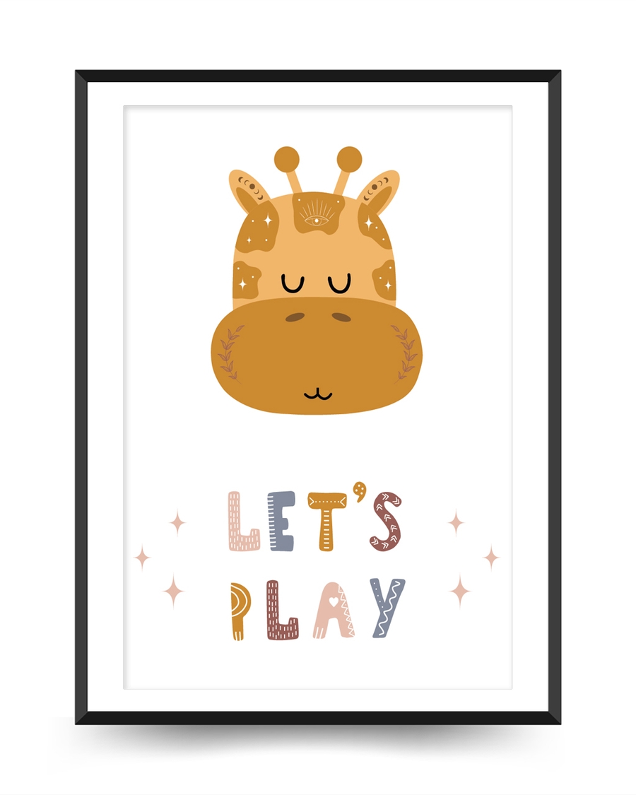 A poster of a Giraffe illustration with lets play text