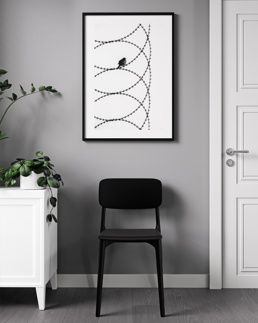 Perched on Steel poster in a slim black frame above a black chair in a grey hallway