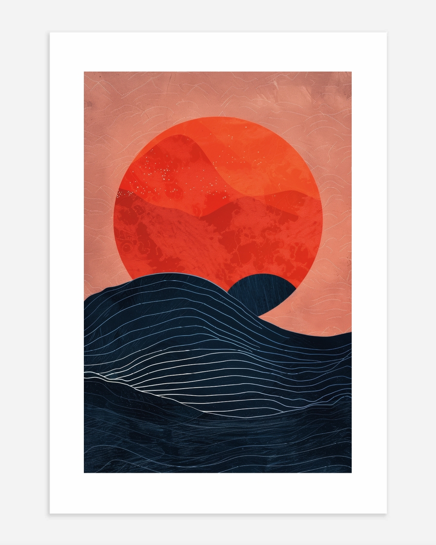A poster of a Japandi waves with red sun and texture