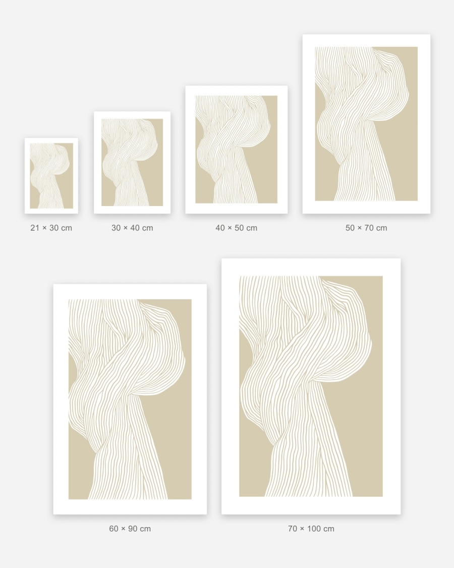 Woven Veil poster in 6 sizes, shown to scale: 21 × 30, 30 × 40, 40 × 50, 50 × 70, 60 × 90 and 70 × 100 cm