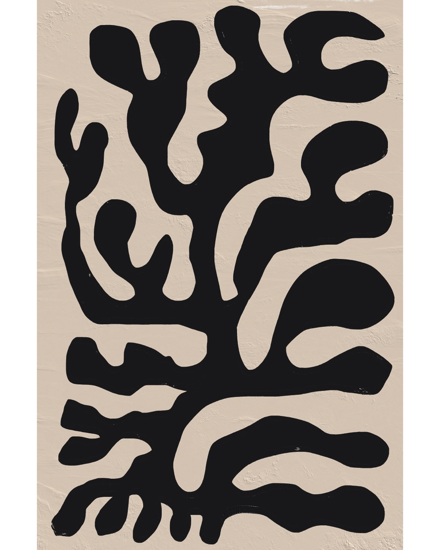 Abstract black organic shapes on beige textured background