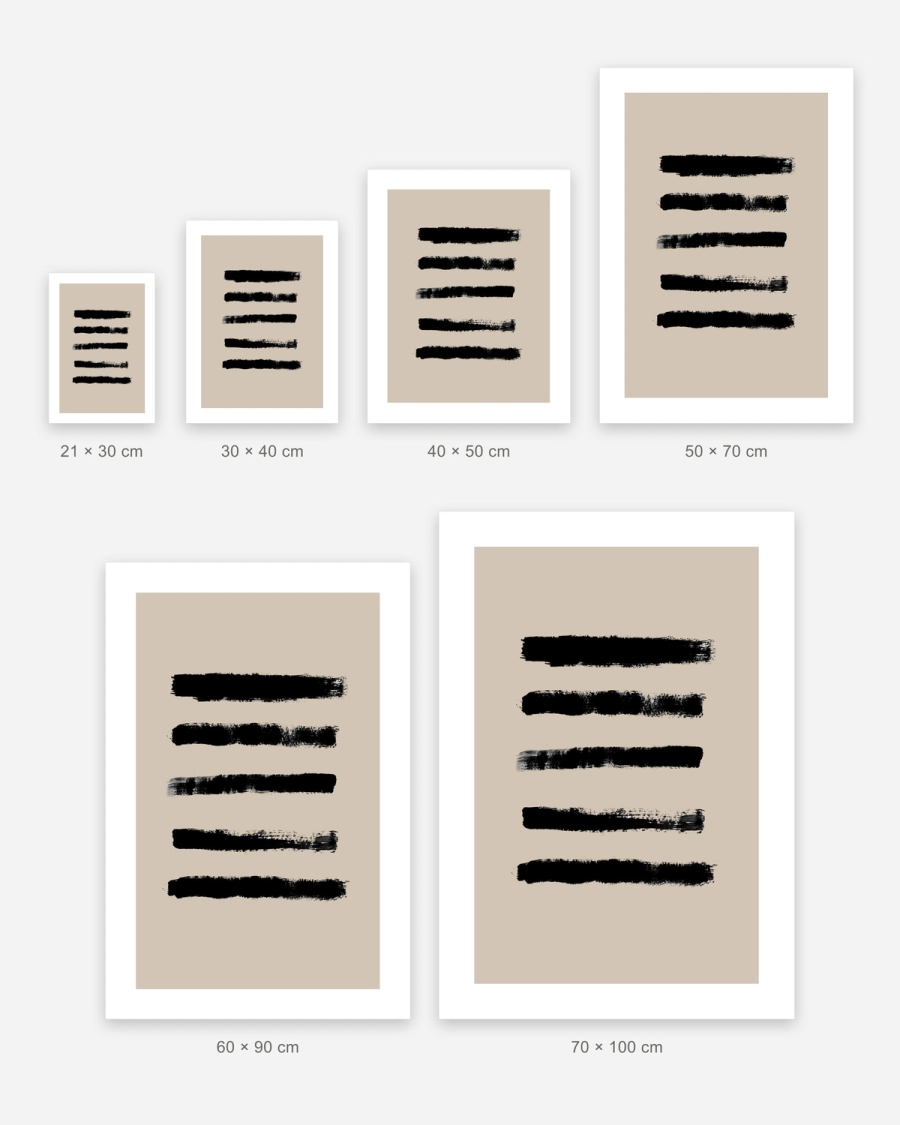 Painted Bands poster in 6 sizes, shown to scale: 21 × 30, 30 × 40, 40 × 50, 50 × 70, 60 × 90 and 70 × 100 cm