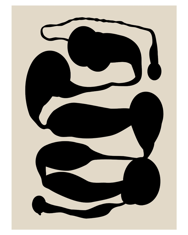 Abstract black shapes flowing on beige background.