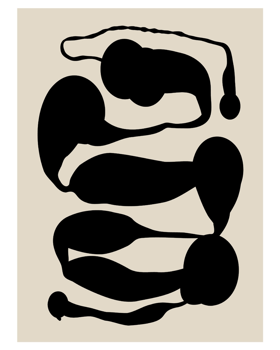 Abstract black shapes flowing on beige background.