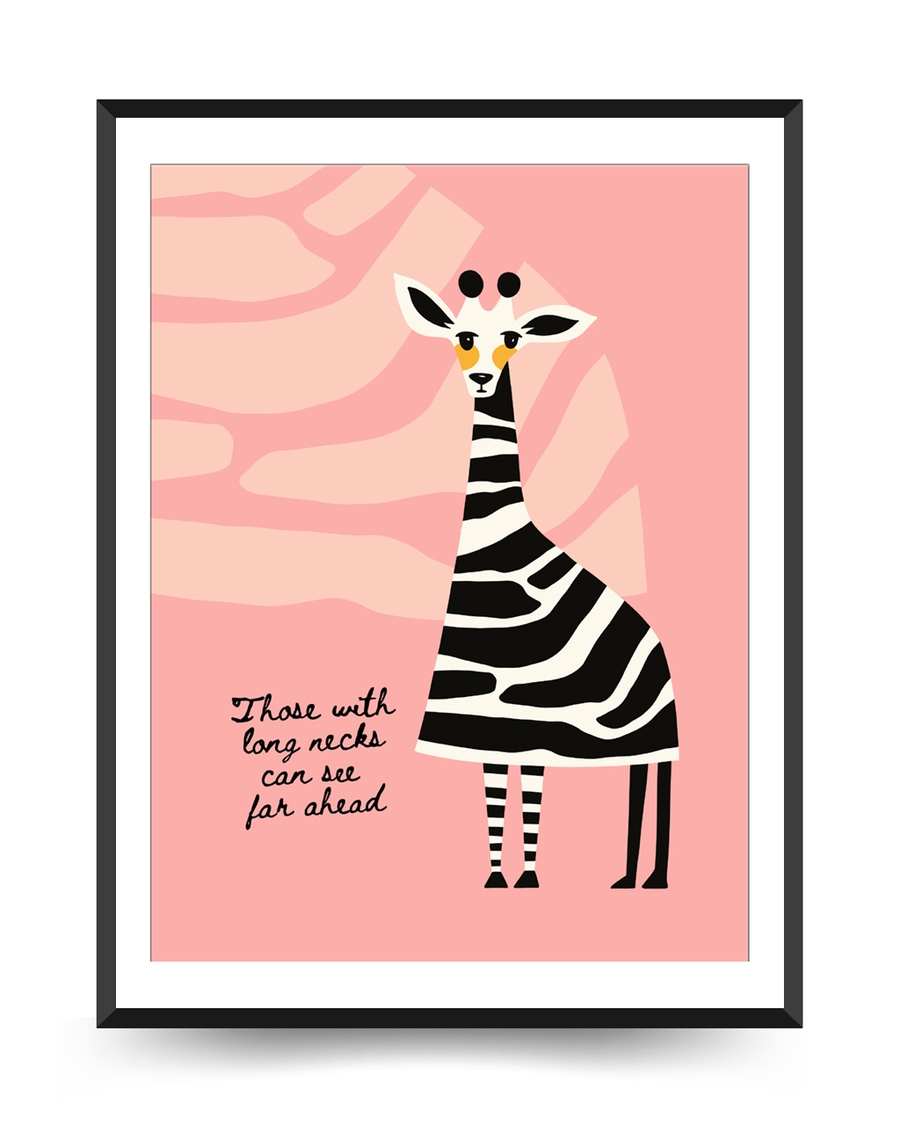 A poster of a Striped giraffe on pink background with message