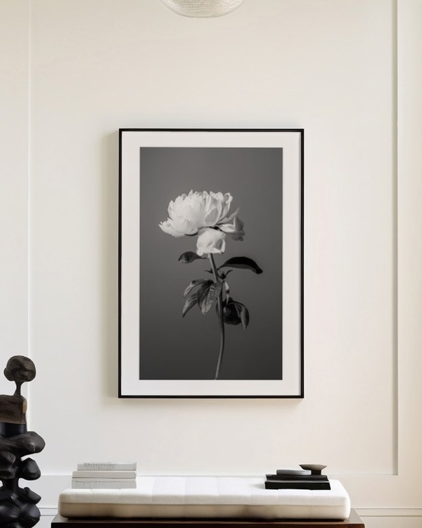 Peony in Gray poster in a slim black frame above a wooden bench in a bright entryway