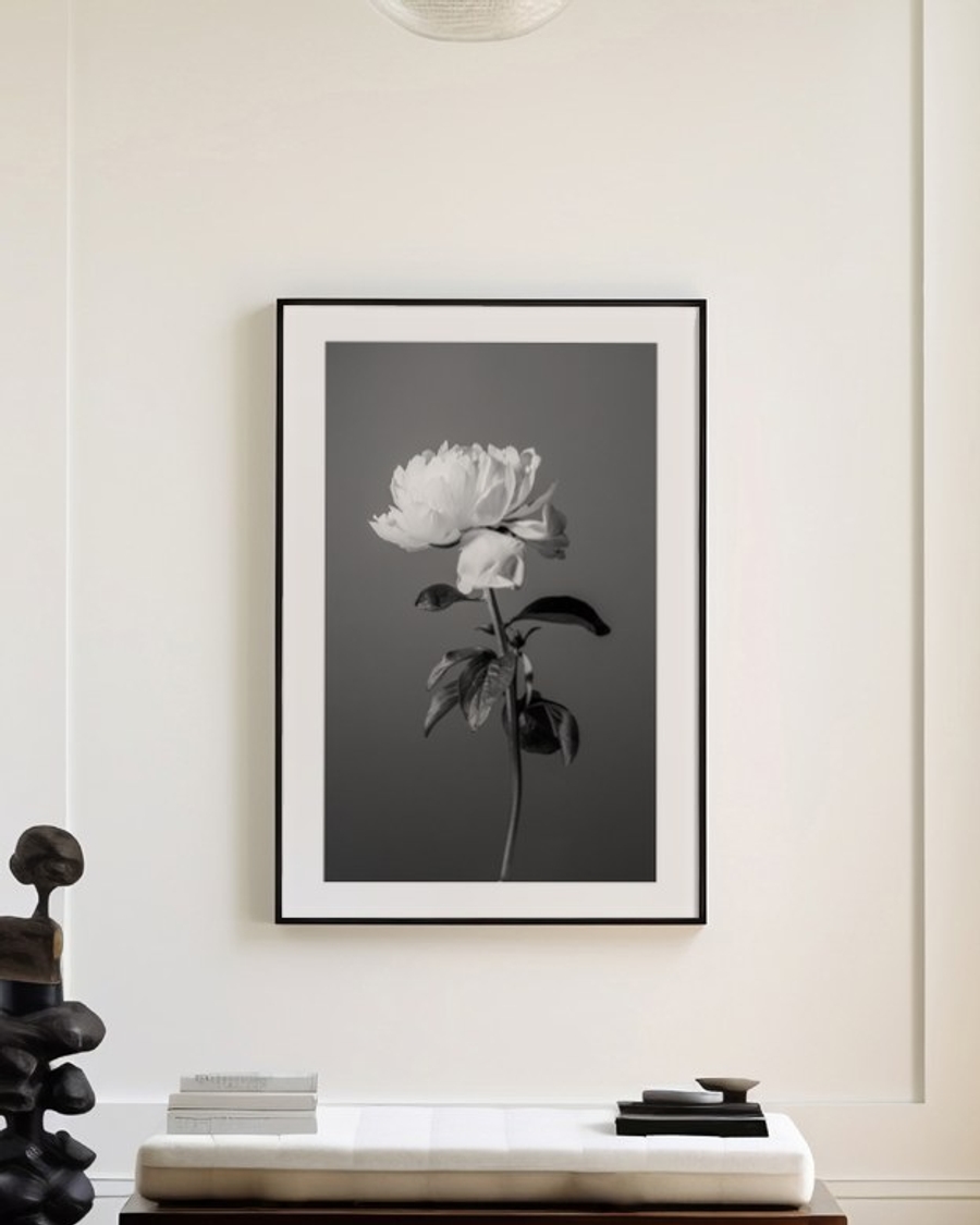 Peony in Gray poster in a slim black frame above a wooden bench in a bright entryway