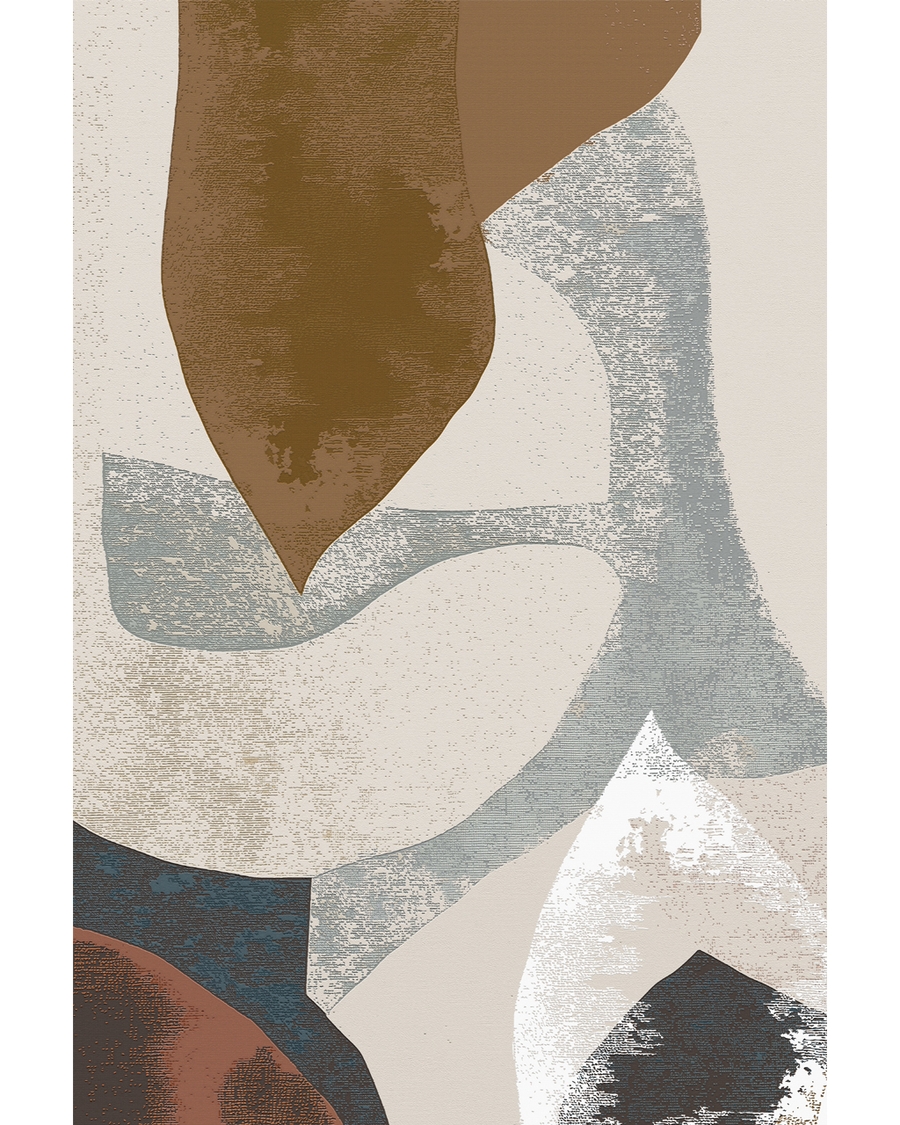 Abstract poster with brown, blue, and white layered shapes