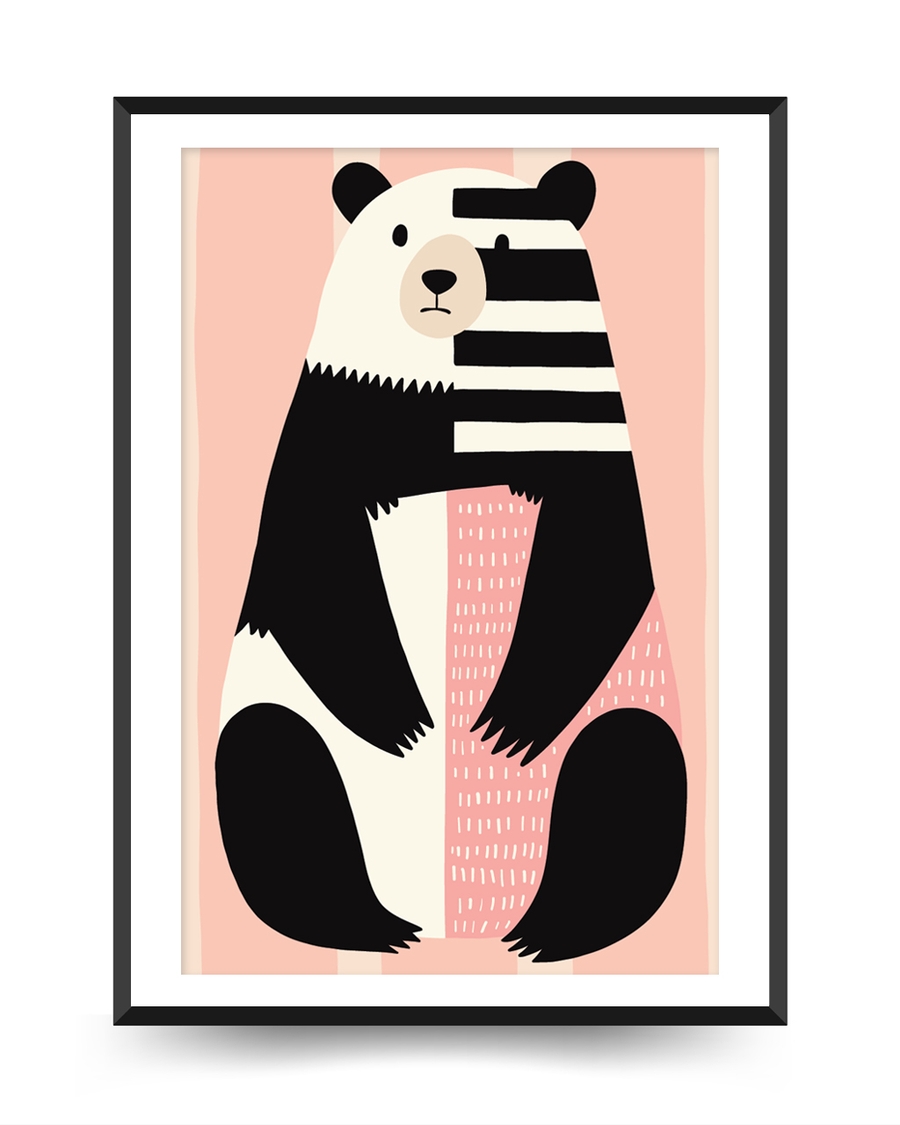 A poster of a Bear illustration with stripes on soft pink background