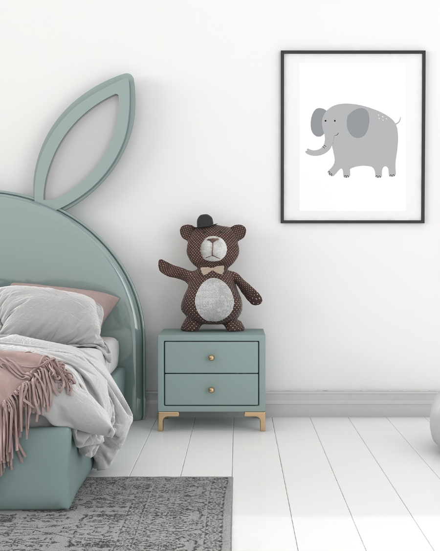A poster of a Cute illustrated elephant in soft grey tones