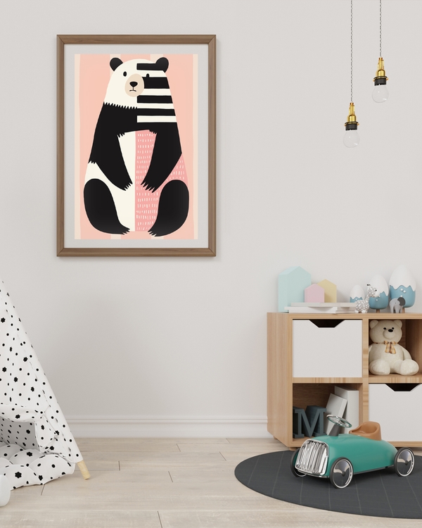 A poster of a Bear illustration with stripes on soft pink background