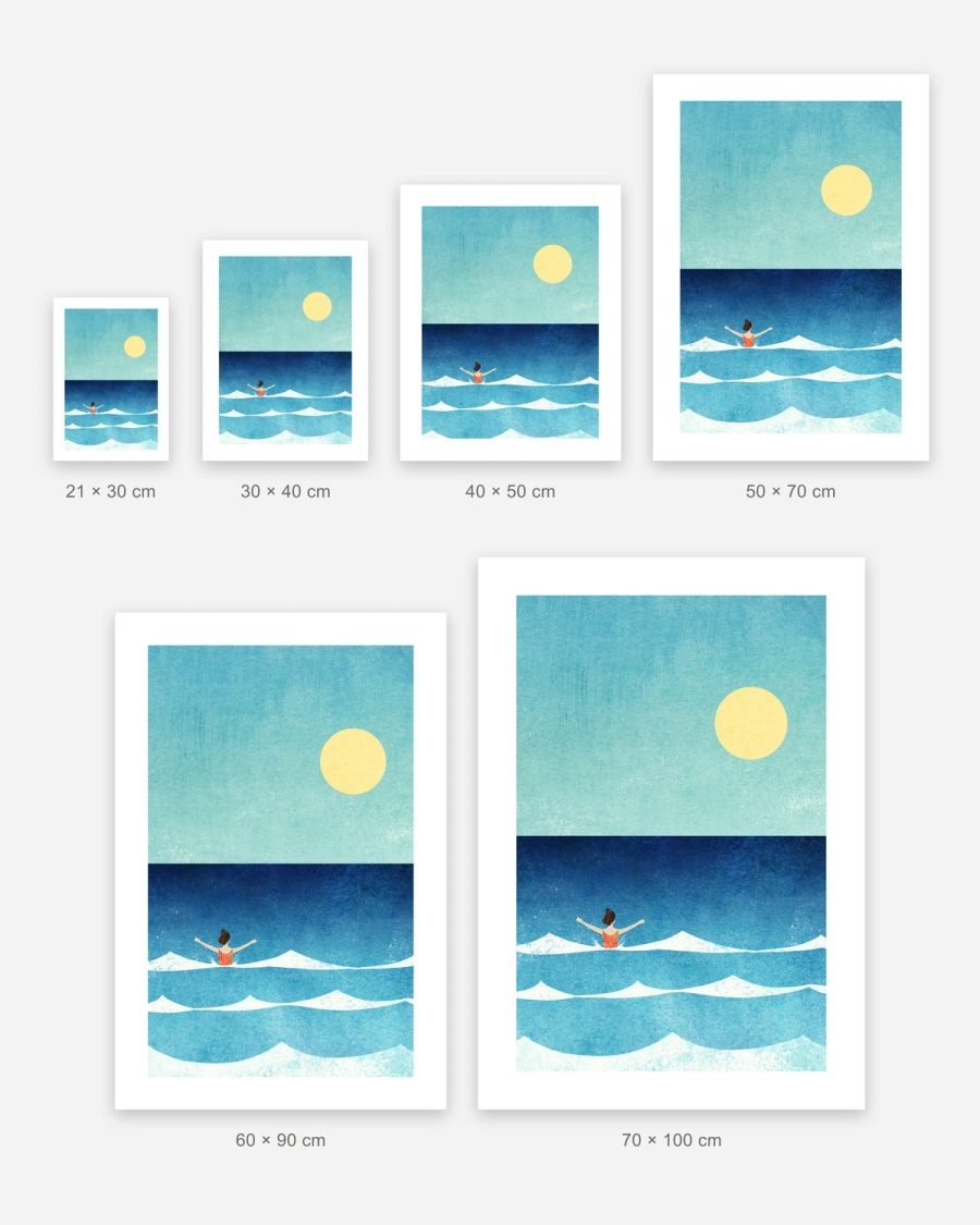Summer Swim poster in 6 sizes, shown to scale: 21 × 30, 30 × 40, 40 × 50, 50 × 70, 60 × 90 and 70 × 100 cm