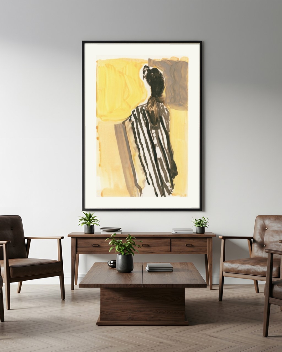 Sunlit Stripes poster in a slim black frame above a walnut sideboard in a mid-century living room
