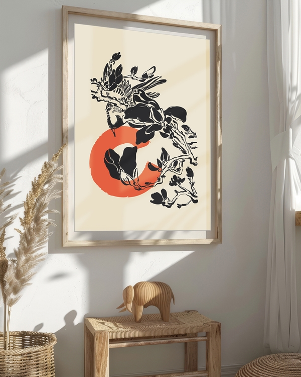 A poster of a Japandi inspired ink art with organic shapes