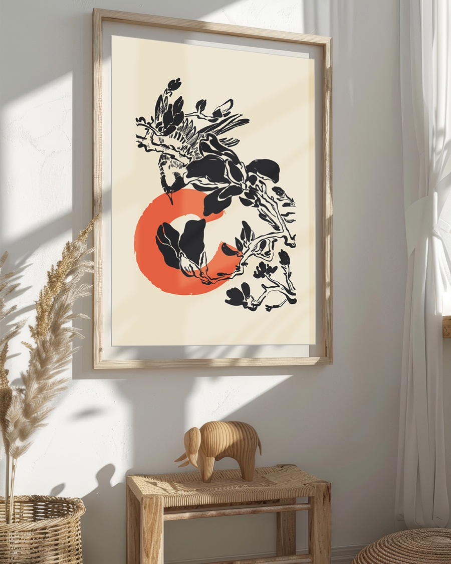 A poster of a Japandi inspired ink art with organic shapes