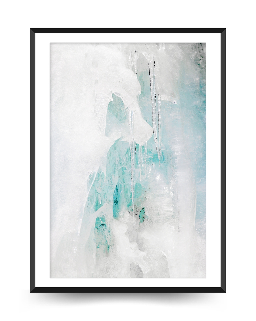 A poster of a Abstract icy textures in white and soft turquoise tones