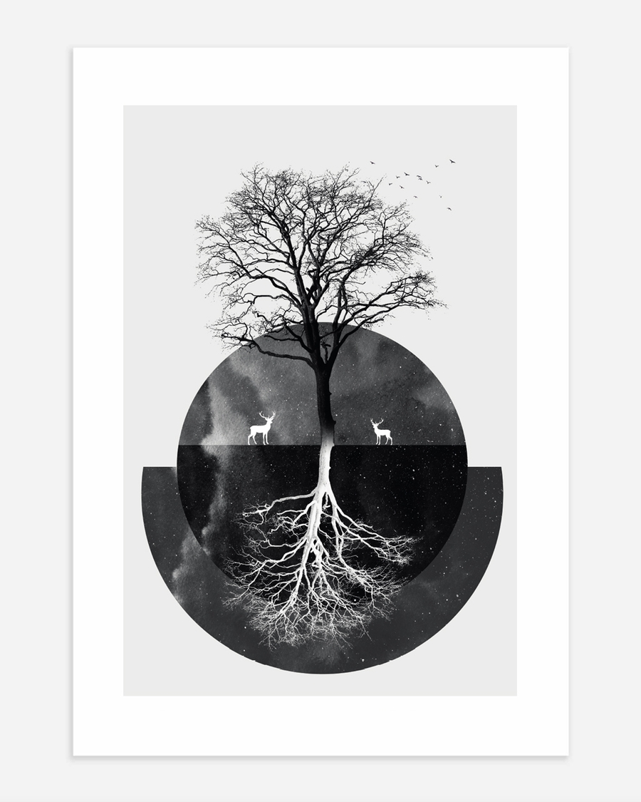 A poster of a Japandi tree with mirrored roots and circle