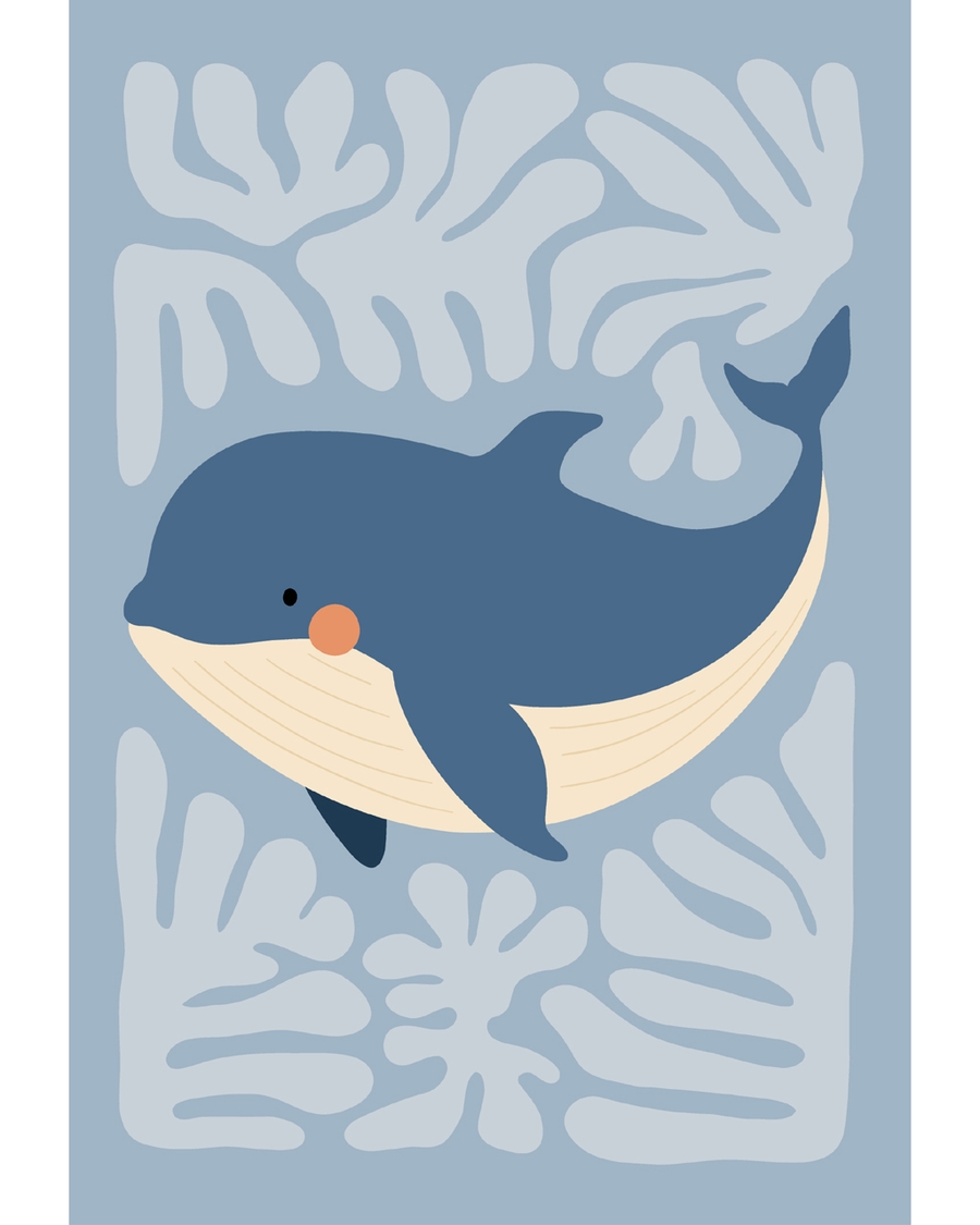 Blue whale swimming among soft ocean shapes.