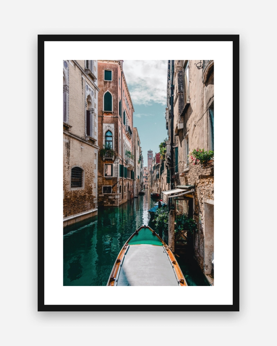 Venetian Waterway poster with a white border in a black frame