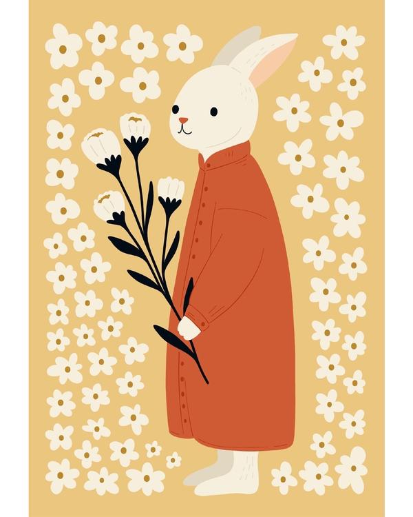 White bunny in rust coat holding flowers