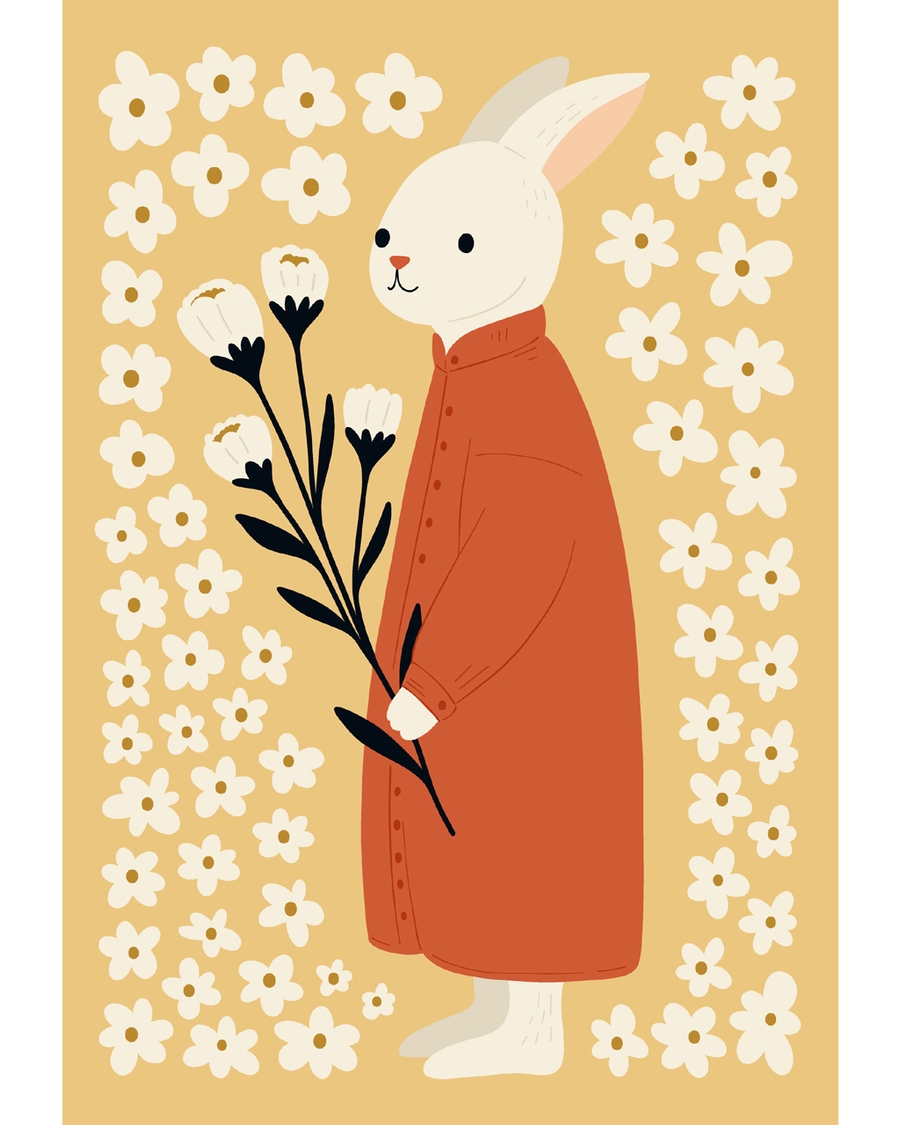 White bunny in rust coat holding flowers