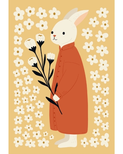 White bunny in rust coat holding flowers