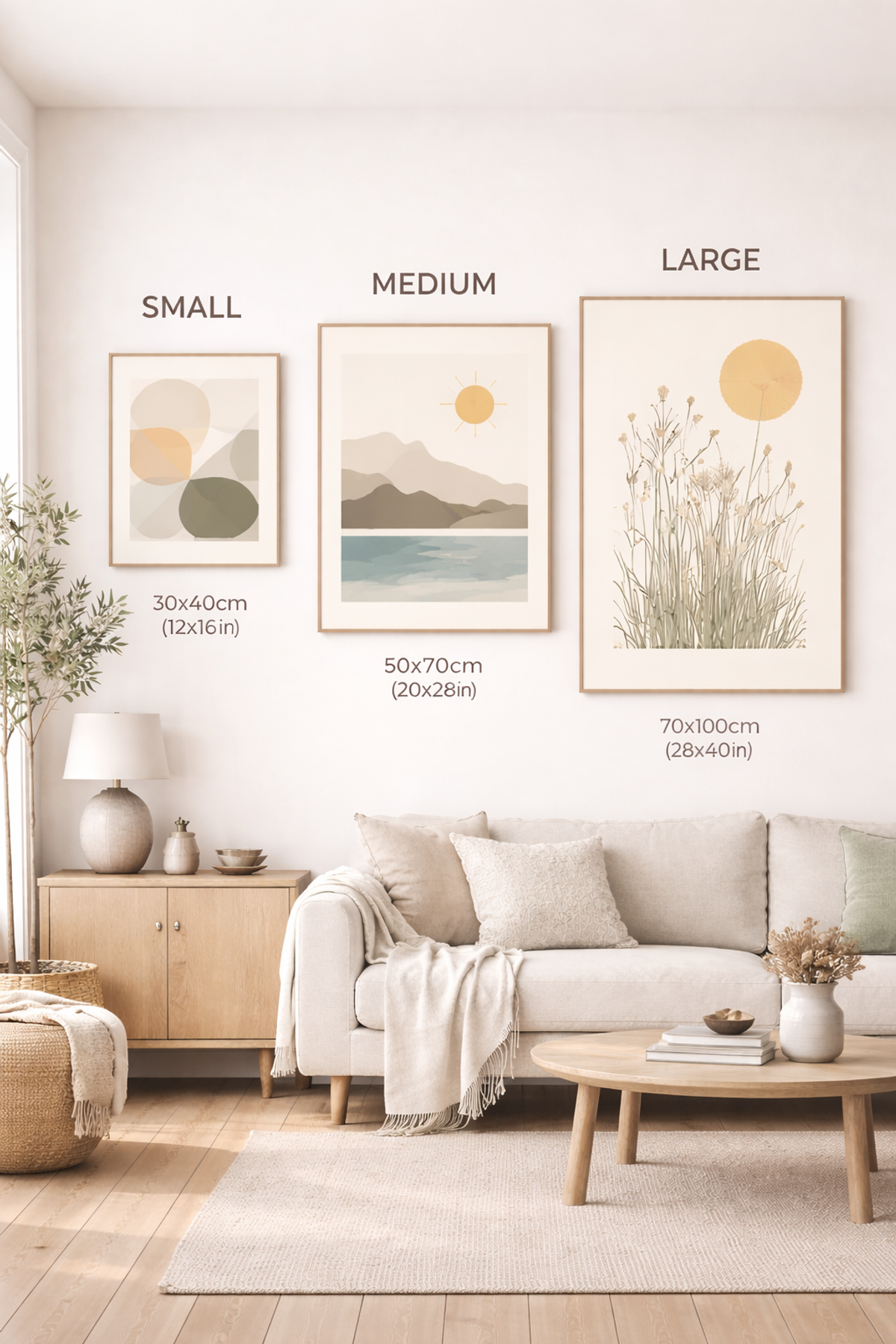 Gallery wall with different poster sizes for illustration